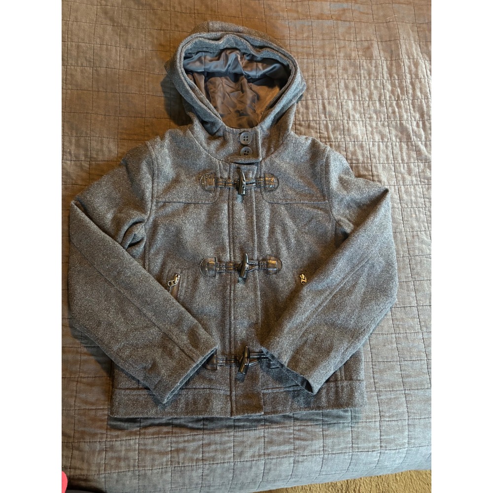 Gap Kids Gray Wool Blend Hooded Duffle Toggle Coat Jacket Size L 10-11 140cm